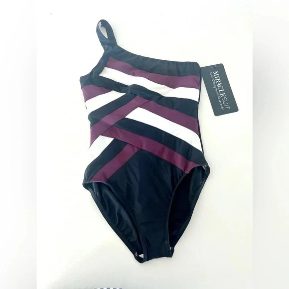 Miraclesuit Matrix Black Striped One Shoulder One Piece Swimsuit Size 8, NWT - Picture 3 of 11